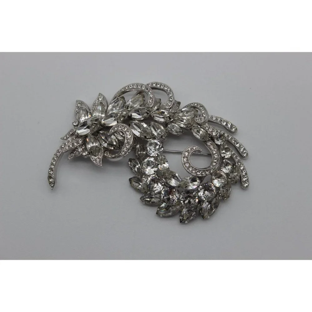 Vintage 40s 50s Eisenberg Ice clear rhinestone‎ floral swag leaf wedding brooch